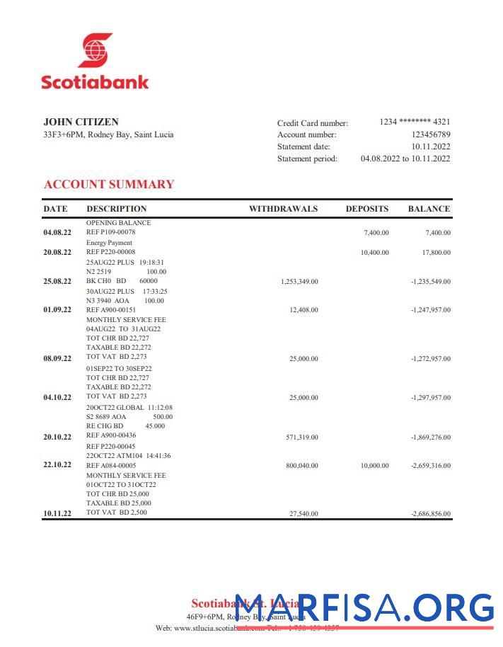 Realistic Saint Lucia Scotiabank bank statement excel sample